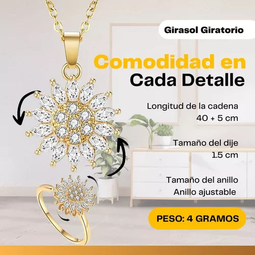🌻 COMBO 2X1 🌻 Anillo + Cadena Girasol Giratorio 🌟 Incluye Caja de Lujo.