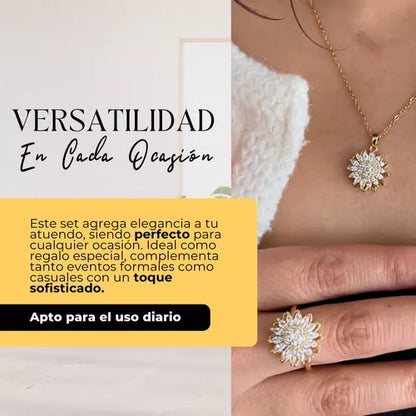 🌻 COMBO 2X1 🌻 Anillo + Cadena Girasol Giratorio 🌟 Incluye Caja de Lujo.