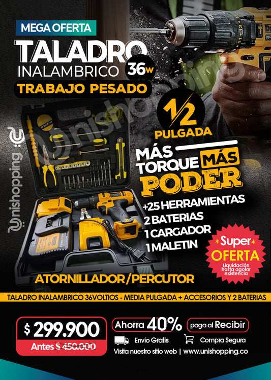 TALADRO  HARDWORK 36V  INALÁMBRICO 1/2 PERCUTOR Y ATORNILLADOR + KIT DE HERRAMIENTAS COMPLETO